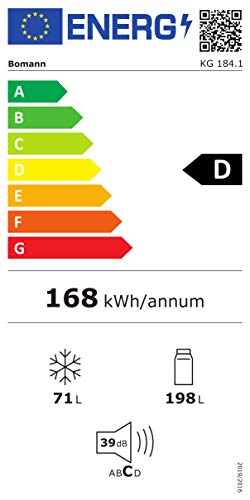 Bomann Kühlschrank mit Gefrierfach | Energieklasse D | 180cm | Kühl Gefrierkombination leise 39 dB | 4 Ablagen & 3 Schubladen | Türanschlag wechselbar | 269L Kühlgefrierkombi | KG 184.1 weiß