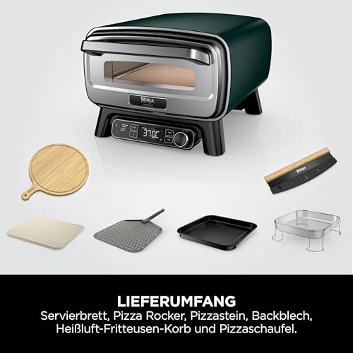 Ninja Artisan Outdoor-Pizzaofen und Heißluftfritteuse, 4 Funktionen, Servierbrett, Pizza-Wiegemesser, 30-cm-Pizzastein, Pizzaschale, Backblech und Heißluft-Fritteusen-Korb, Grün MO201AMZEU
