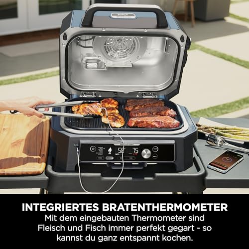 Ninja Woodfire Pro Connect XL Elektrischer BBQ Smoker Grill, App-Steuerung, digitaler Temperaturfühler, Rippenrost, Deckel, großer 7-in-1 Outdoor Grill & Heißluftfritteuse, blau & schwarz OG901EUAMZ