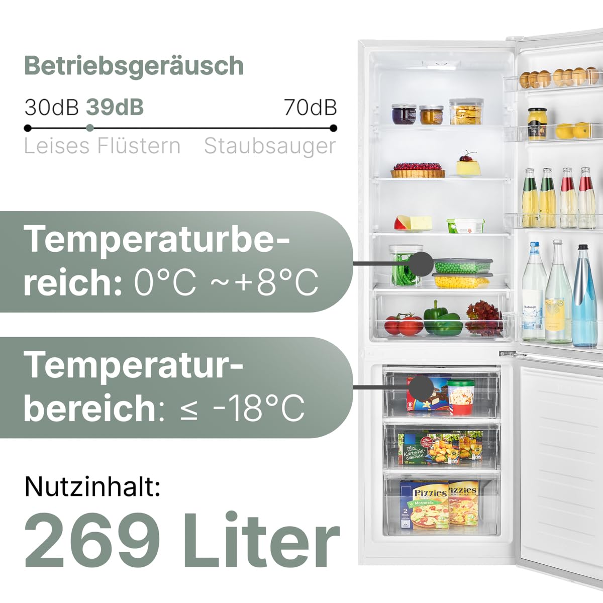 Bomann Kühlschrank mit Gefrierfach | Energieklasse D | 180cm | Kühl Gefrierkombination leise 39 dB | 4 Ablagen & 3 Schubladen | Türanschlag wechselbar | 269L Kühlgefrierkombi | KG 184.1 weiß