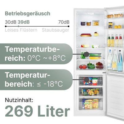 Bomann Kühlschrank mit Gefrierfach | Energieklasse D | 180cm | Kühl Gefrierkombination leise 39 dB | 4 Ablagen & 3 Schubladen | Türanschlag wechselbar | 269L Kühlgefrierkombi | KG 184.1 weiß