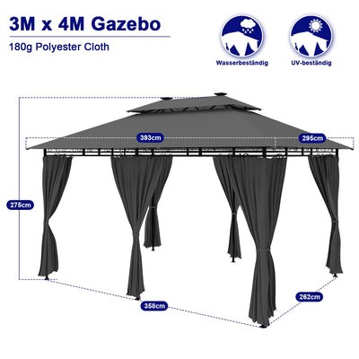 Homall Garten Pavillon 4x3x2,7m mit LED-Beleuchtung, 180g/m² Dachplane Wasserdicht Partyzelt, Metallrahmen Stabile Füße, Terrassenpavillon für 6-8 Personen, Dunkelgrau