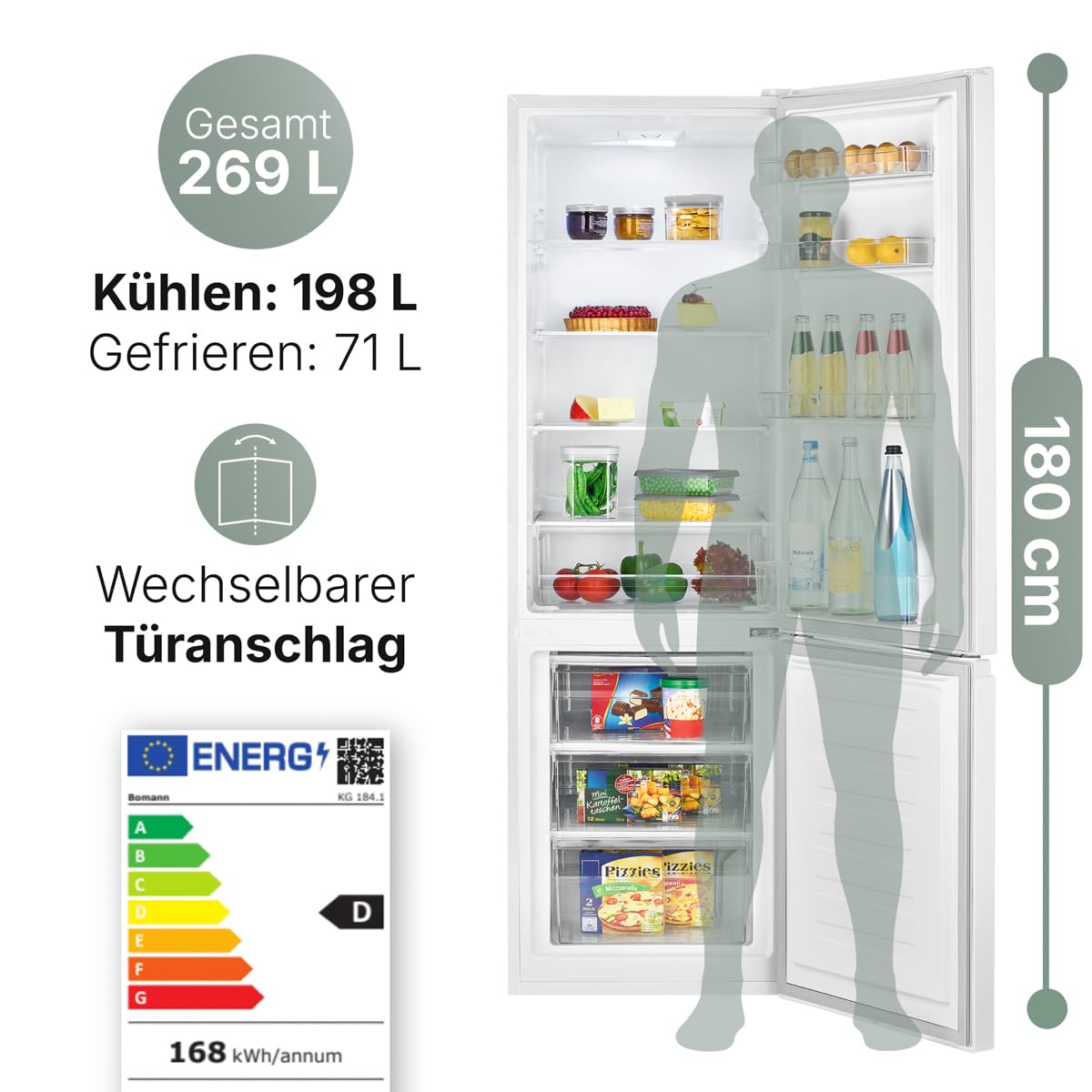 Bomann Kühlschrank mit Gefrierfach | Energieklasse D | 180cm | Kühl Gefrierkombination leise 39 dB | 4 Ablagen & 3 Schubladen | Türanschlag wechselbar | 269L Kühlgefrierkombi | KG 184.1 weiß