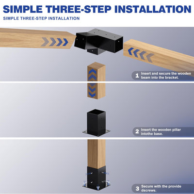Grehitk Pergola Kit, Slanted Roof Pergola Bracket, 3-Way Brackets with Post Base Kit, Log Cabin Outdoor 4"x 4" (Actual 3.5" X 3.5") Lumber