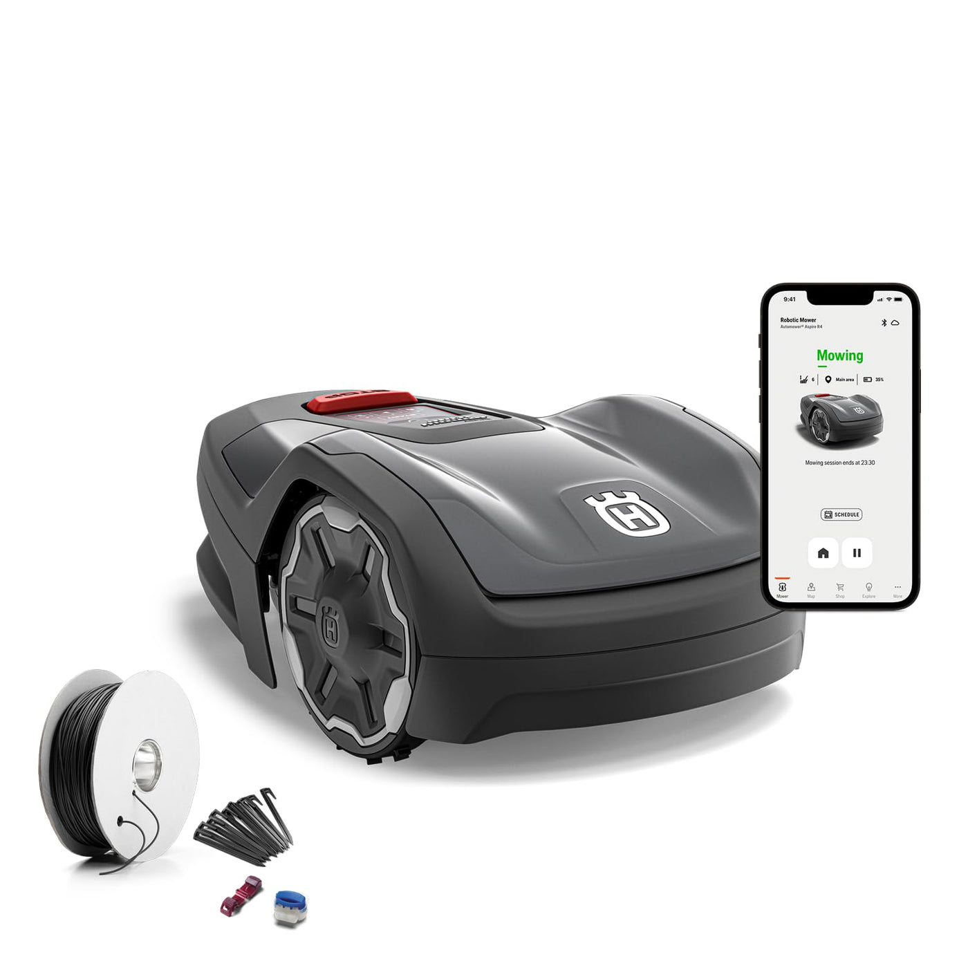Husqvarna Mähroboter Automower Aspire R4 für 400 m² Fläche I Akku Rasenmäher Roboter, Steuerung per Connect App (inkl. Sprachsteuerung, WLAN, Bluetooth) mit Installations-Kit