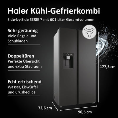 Haier Side-by-Side Kühl Gefrierkombination HSW79F18DIPT I Side by Side Kühlschrank mit Eiswürfelspender, Total No Frost, Wi-Fi & App I 177,5 x 90,5 x 72,6 cm I 601 L Nutzinhalt & Festwasseranschluss
