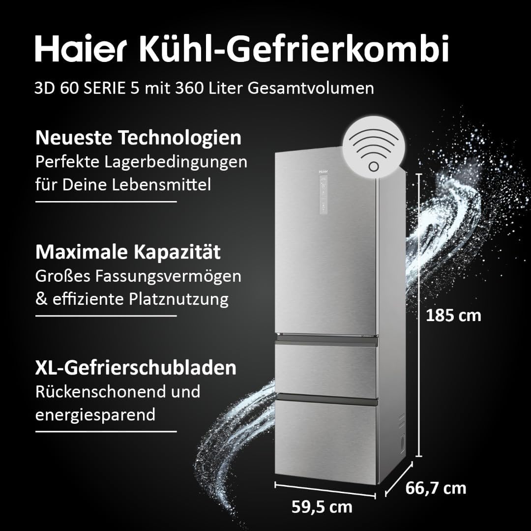 Haier Kühl Gefrierkombination 3D 60 SERIE 5 HTW5618DNMG I 1,85m, No Frost I Ergonomische Gefrierschubladen I Kühlschrank mit Gefrierfach freistehend, Fassungsvermögen 360L I Wi-Fi, smarte Kühlfächer