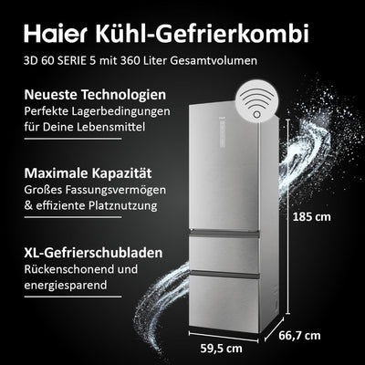 Haier Kühl Gefrierkombination 3D 60 SERIE 5 HTW5618DNMG I 1,85m, No Frost I Ergonomische Gefrierschubladen I Kühlschrank mit Gefrierfach freistehend, Fassungsvermögen 360L I Wi-Fi, smarte Kühlfächer