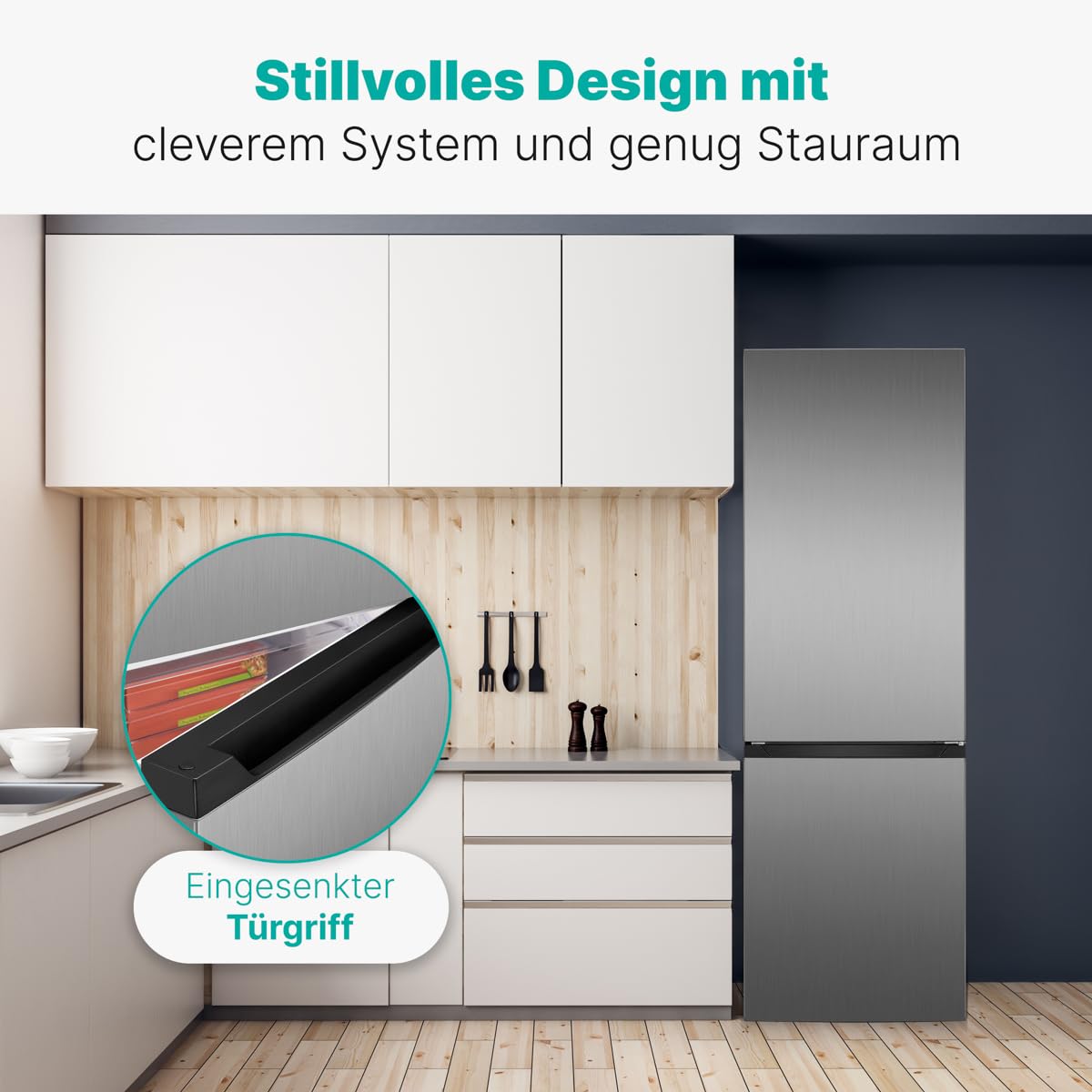 Bomann® XXL Kühlschrank mit Gefrierfach 186cm | 60cm breit | Kühlschrank mit Gefrierfach freistehend | Kühlgefrierkombi 4 Ablagen | Türanschlag wechselbar | 40db | Refrigerator KG 7357 inox