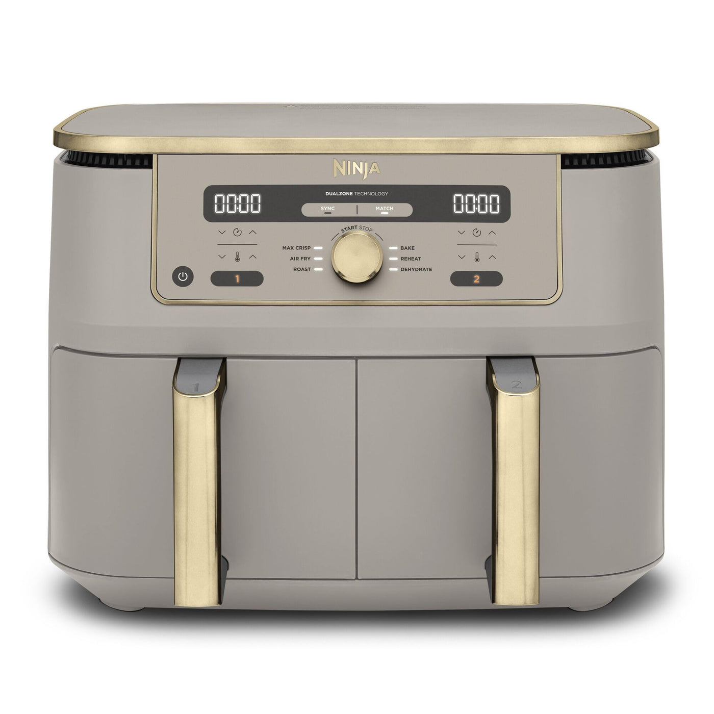 Ninja Dual Zone Digital Air Fryer, 2 Schubladen, 6-in-1, Heißluftfritteuse, 9,5L, Heißluft-Frittieren, Max Crisp, Rösten, Backen, Aufwärmen, Spülmaschinenfeste Körbe, Stone/Gold DZ400EUSTGD