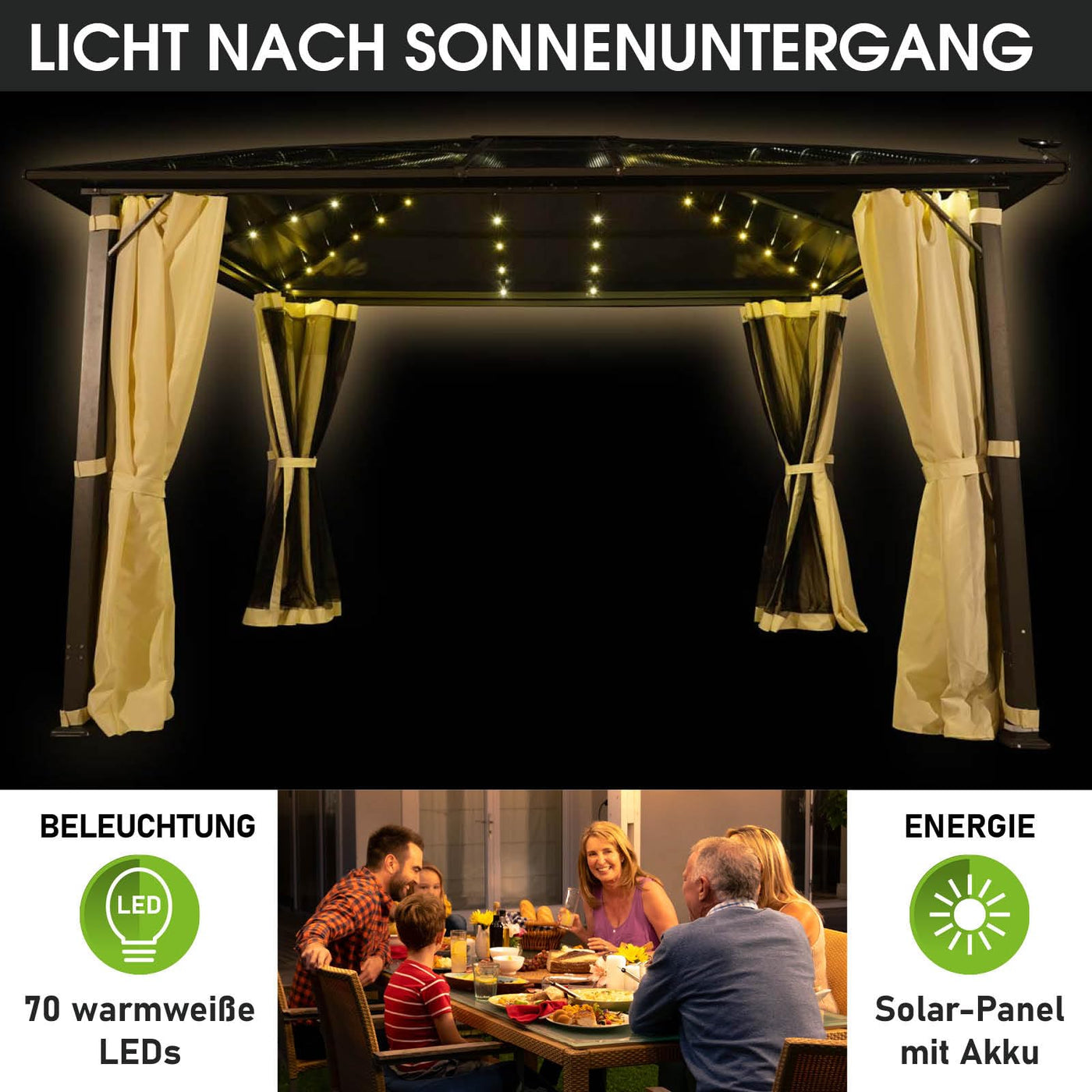 BRAST® Alu Pavillon Summerdream | viele Modelle & Farben | Größen 3x3m 3x4m | Moskitonetz + LEDs | TÜV geprüft | wasserdicht | UV-Schutz | festes Dach | 3x4m Beige LEDs