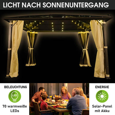BRAST® Alu Pavillon Summerdream | viele Modelle & Farben | Größen 3x3m 3x4m | Moskitonetz + LEDs | TÜV geprüft | wasserdicht | UV-Schutz | festes Dach | 3x4m Beige LEDs