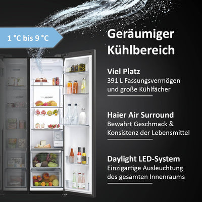 Haier Side-by-Side Kühl Gefrierkombination HSW79F18DIPT I Side by Side Kühlschrank mit Eiswürfelspender, Total No Frost, Wi-Fi & App I 177,5 x 90,5 x 72,6 cm I 601 L Nutzinhalt & Festwasseranschluss