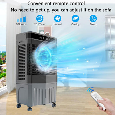 Tragbare Klimaanlage, Verdunstungsluftkühler mit 3 Geschwindigkeiten und 3 Modi, 12-Stunden-Timer, 45-l-Wassertank, Ferngesteuerter Kühlventilator mit 120°-Oszillation, kein Schlauch erforde