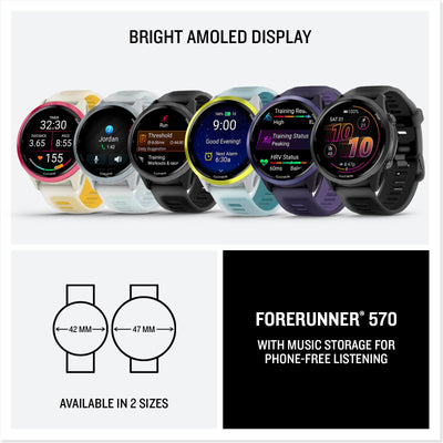 Garmin® Forerunner® 570, 47mm, Advanced GPS Running and Triathlon Smartwatch, AMOLED Display, Training and Recovery Features, Amp Yellow Aluminum with Translucent Whitestone/Turquoise Band