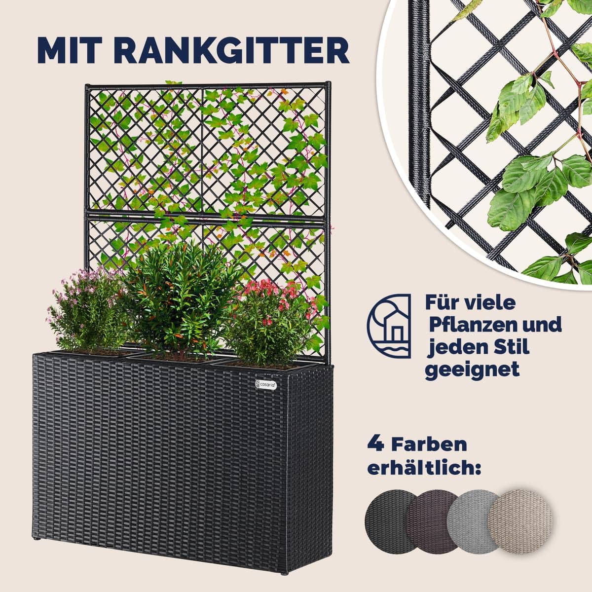 Casaria® Blumenkasten Rankgitter 3 Innentöpfe Polyrattangeflecht Rankhilfe Blumentopf Rattanoptik Pflanzkasten Schwarz
