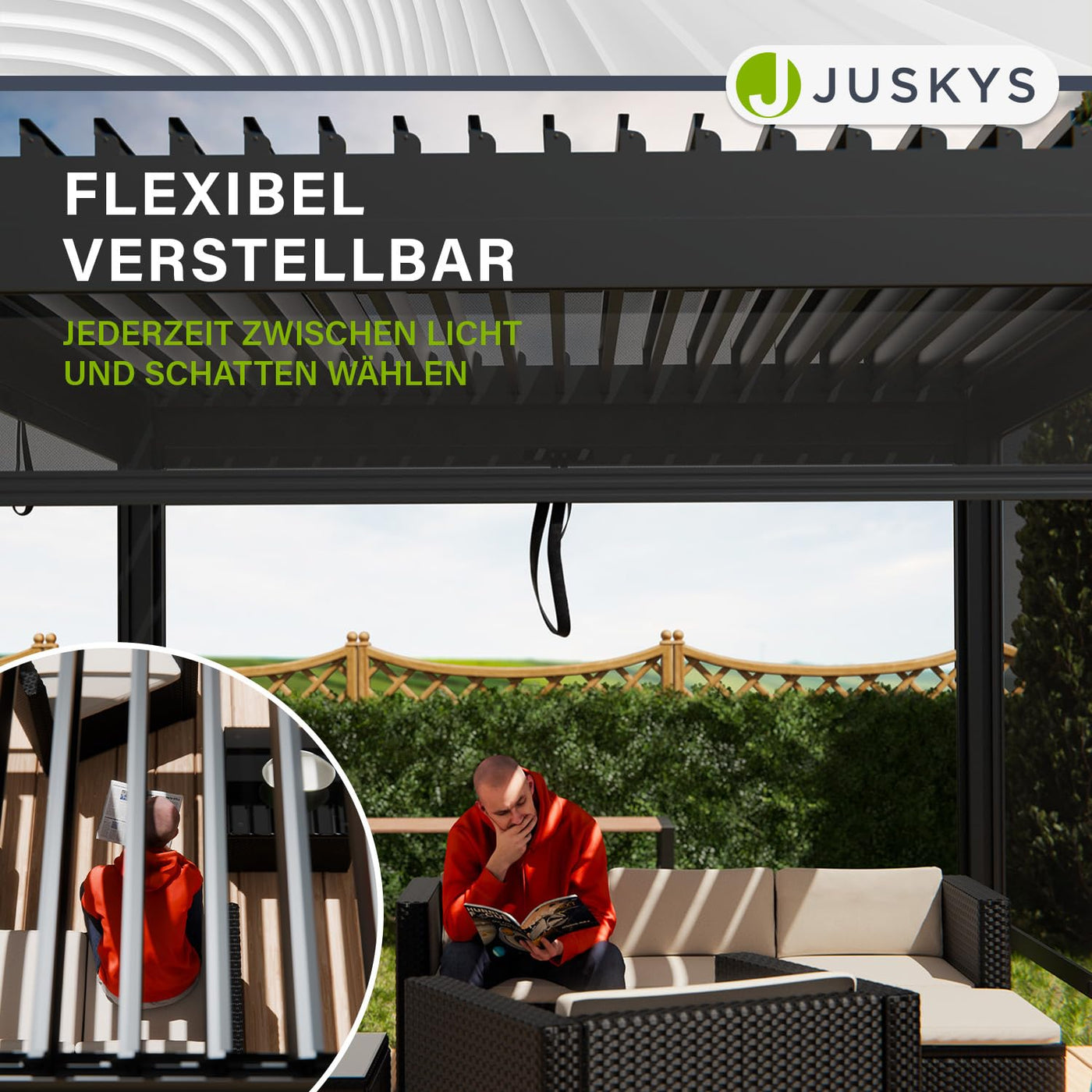 Juskys Lamellendach Tahiti 3x3 m - Stahl Pergola - Terrassenüberdachung stabil & wetterfest - Überdachung für Garten & Terrasse - Bausatz Anthrazit