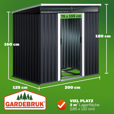 GARDEBRUK® L Metall Gerätehaus 2m² mit Fundament 200x125x180cm 2 Fenster Anthrazit Geräteschuppen Gartenhaus 4m³