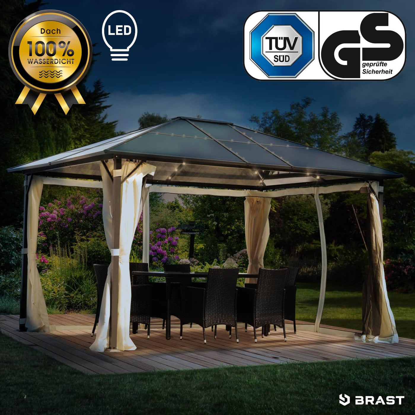 BRAST® Alu Pavillon Summerdream | viele Modelle & Farben | Größen 3x3m 3x4m | Moskitonetz + LEDs | TÜV geprüft | wasserdicht | UV-Schutz | festes Dach | 3x4m Beige LEDs