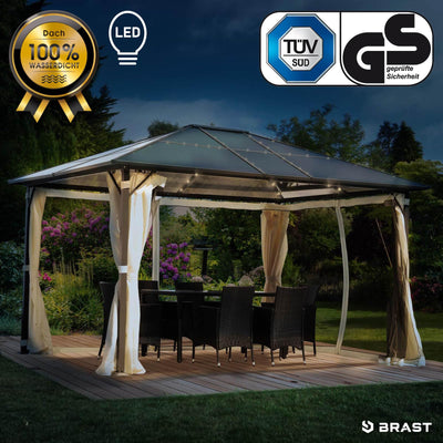 BRAST® Alu Pavillon Summerdream | viele Modelle & Farben | Größen 3x3m 3x4m | Moskitonetz + LEDs | TÜV geprüft | wasserdicht | UV-Schutz | festes Dach | 3x4m Beige LEDs