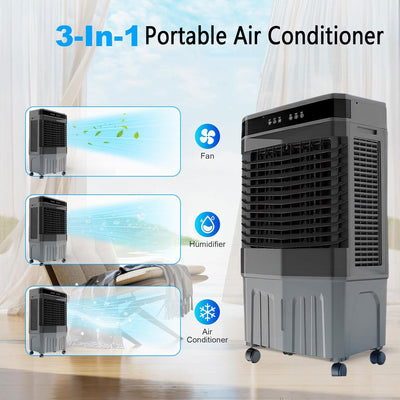 Tragbare Klimaanlage, Verdunstungsluftkühler mit 3 Geschwindigkeiten und 3 Modi, 12-Stunden-Timer, 45-l-Wassertank, Ferngesteuerter Kühlventilator mit 120°-Oszillation, kein Schlauch erforde