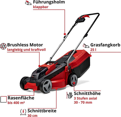 Einhell City Akku-Rasenmäher GE-CM 18/30 Li-Solo Power X-Change (18 V, 30 cm Schnittbreite, bis 150 m², Brushless, 25L Grasfangkorb, 30-70 mm Schnitthöhe, ohne Akku)