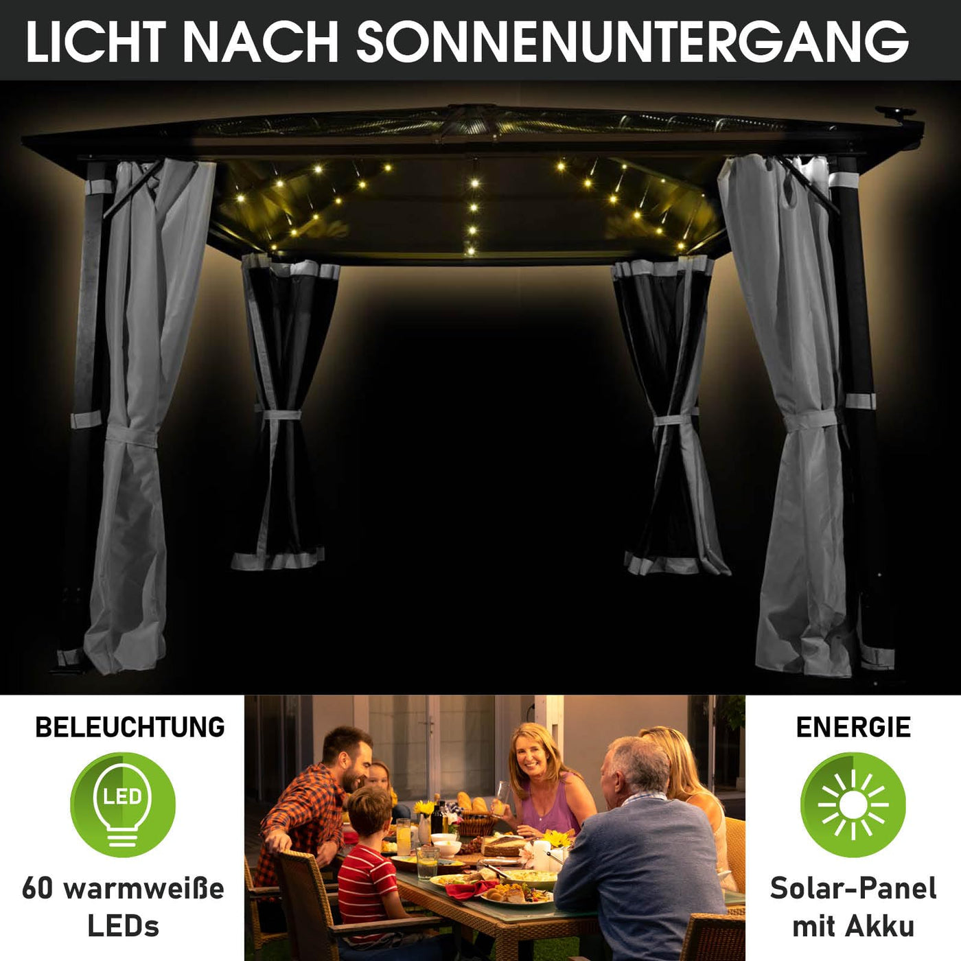 BRAST® Alu Pavillon Summerdream | viele Modelle & Farben | Größen 3x3m 3x4m | Moskitonetz + LEDs | TÜV geprüft | wasserdicht | UV-Schutz | festes Dach | 3x3m Grau LEDs