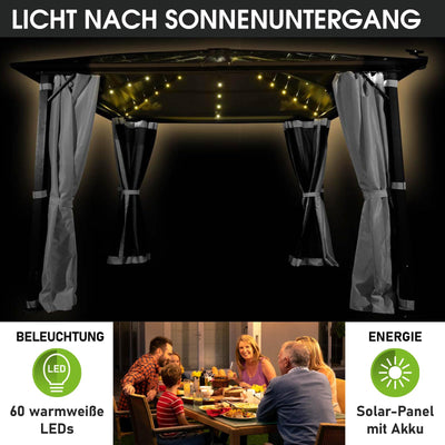 BRAST® Alu Pavillon Summerdream | viele Modelle & Farben | Größen 3x3m 3x4m | Moskitonetz + LEDs | TÜV geprüft | wasserdicht | UV-Schutz | festes Dach | 3x3m Grau LEDs