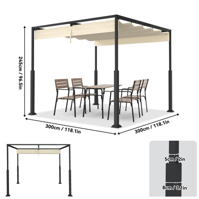 UISEBRT 3x3 m Pergola Pavillon mit stabilem Stahlgestell und hochwertigem Schiebedach aus PA-beschichtetem Polyester, freistehende Terrassenüberdachung, ideal für Outdoor (Beige)