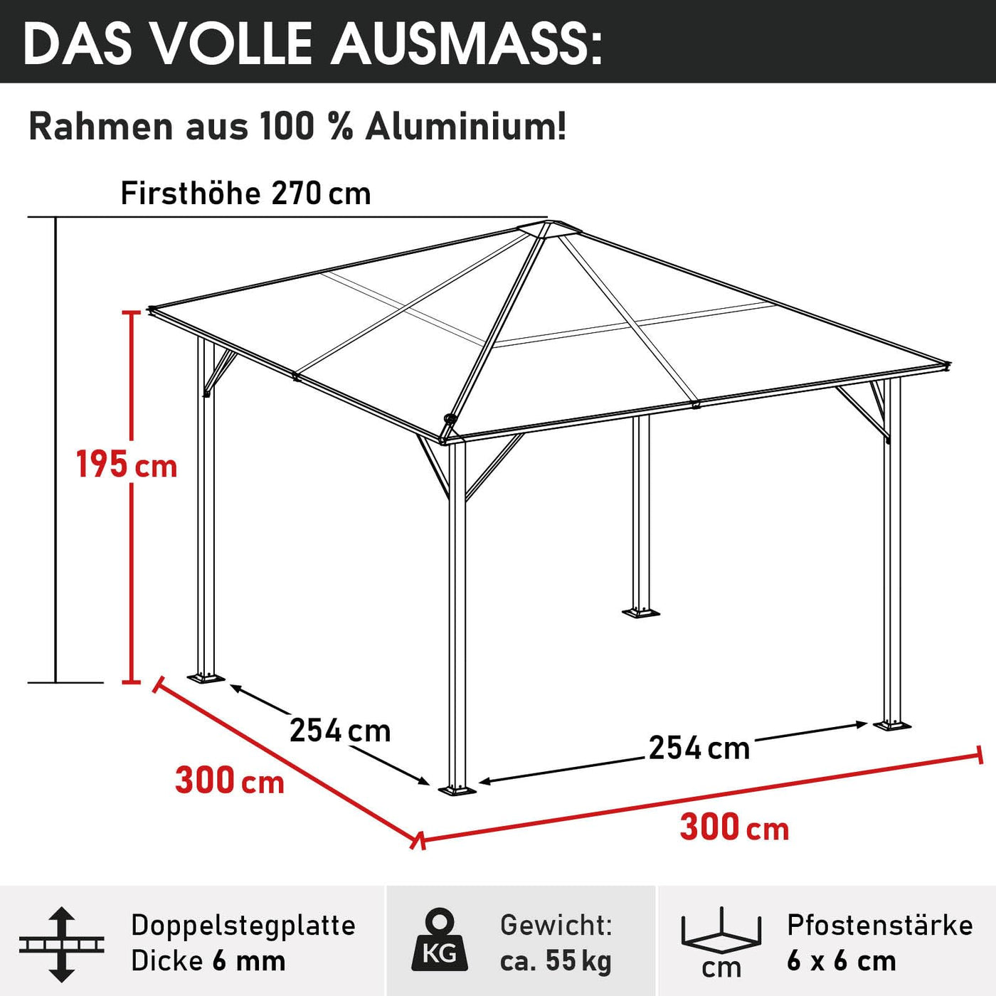 BRAST® Alu Pavillon Summerdream | viele Modelle & Farben | Größen 3x3m 3x4m | Moskitonetz + LEDs | TÜV geprüft | wasserdicht | UV-Schutz | festes Dach | 3x3m Grau LEDs