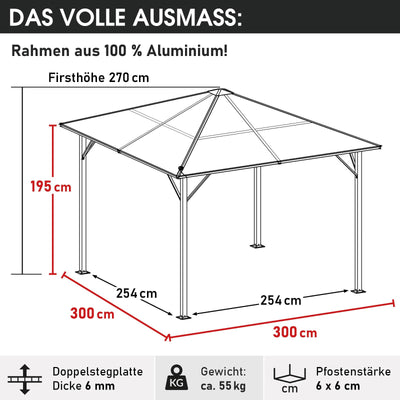 BRAST® Alu Pavillon Summerdream | viele Modelle & Farben | Größen 3x3m 3x4m | Moskitonetz + LEDs | TÜV geprüft | wasserdicht | UV-Schutz | festes Dach | 3x3m Grau LEDs
