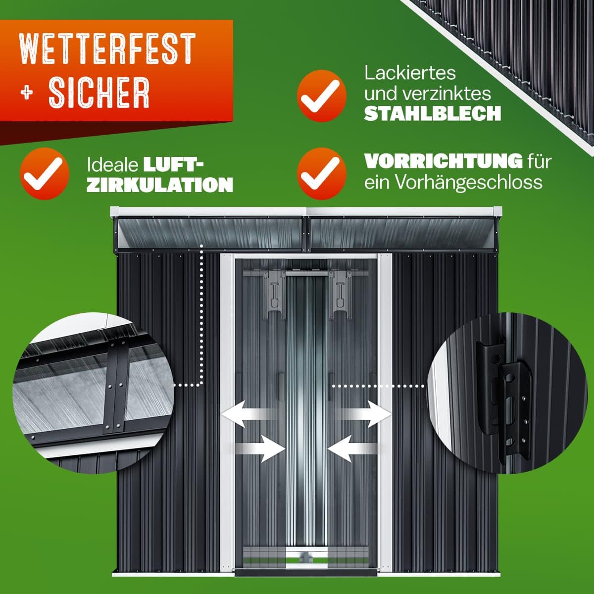 GARDEBRUK® L Metall Gerätehaus 2m² mit Fundament 200x125x180cm 2 Fenster Anthrazit Geräteschuppen Gartenhaus 4m³