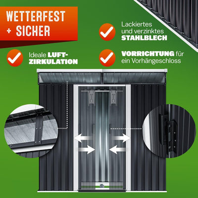 GARDEBRUK® L Metall Gerätehaus 2m² mit Fundament 200x125x180cm 2 Fenster Anthrazit Geräteschuppen Gartenhaus 4m³