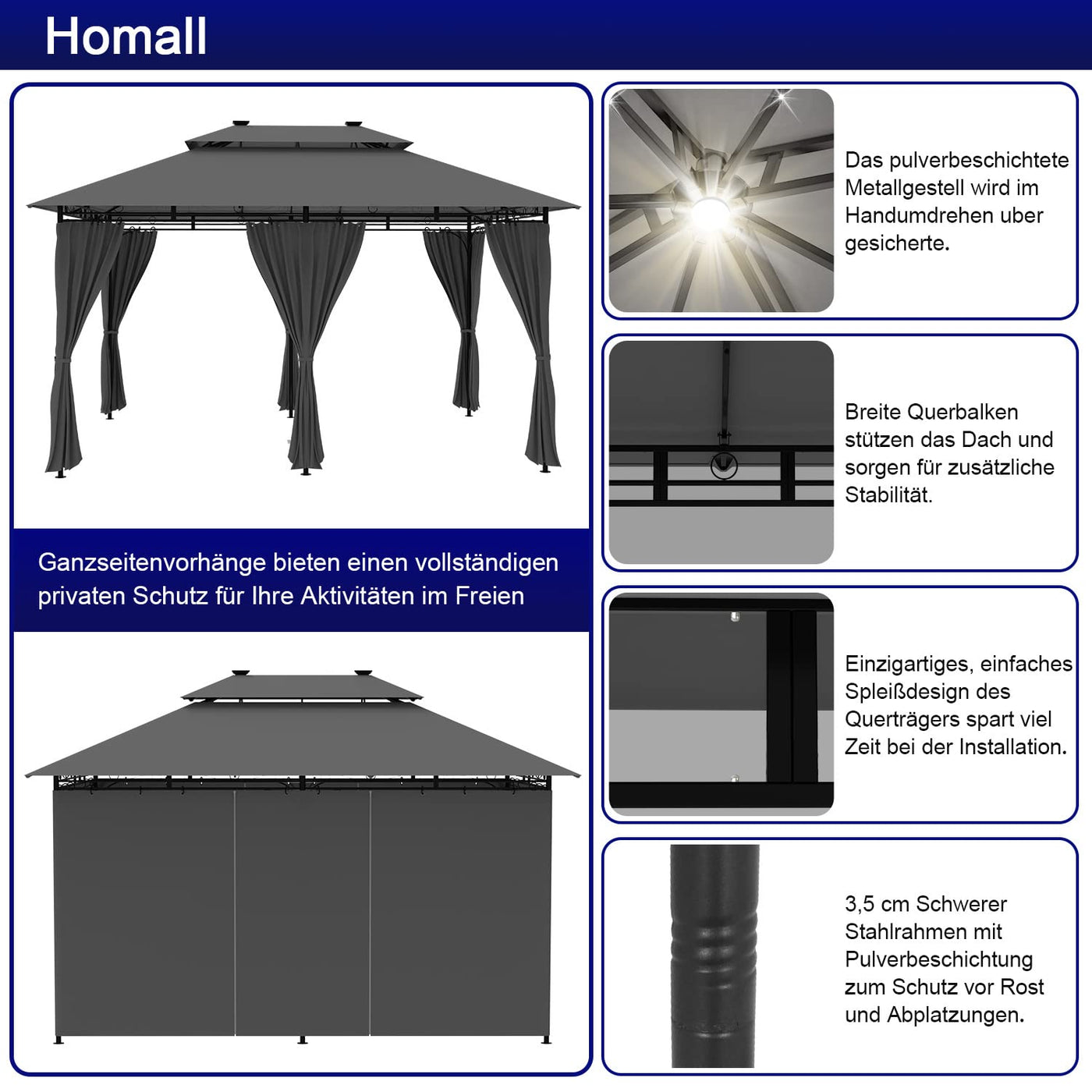 Homall Garten Pavillon 4x3x2,7m mit LED-Beleuchtung, 180g/m² Dachplane Wasserdicht Partyzelt, Metallrahmen Stabile Füße, Terrassenpavillon für 6-8 Personen, Dunkelgrau
