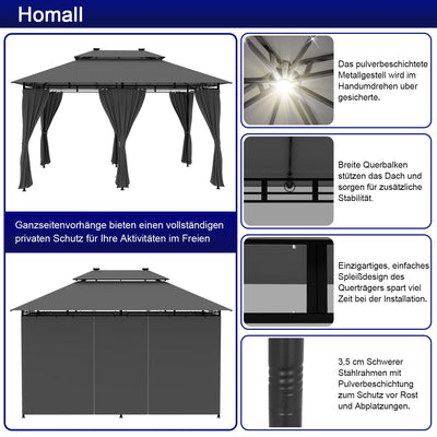 Homall Garten Pavillon 4x3x2,7m mit LED-Beleuchtung, 180g/m² Dachplane Wasserdicht Partyzelt, Metallrahmen Stabile Füße, Terrassenpavillon für 6-8 Personen, Dunkelgrau