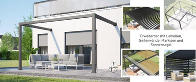 solidCUBE Voll-Aluminium Pergola zur Wandmontage Pavillon | anthrazit oder weiß | Rostfrei Robust | Sonnenschutz, erweiterbar | BxT 200x300 cm 2x3 m