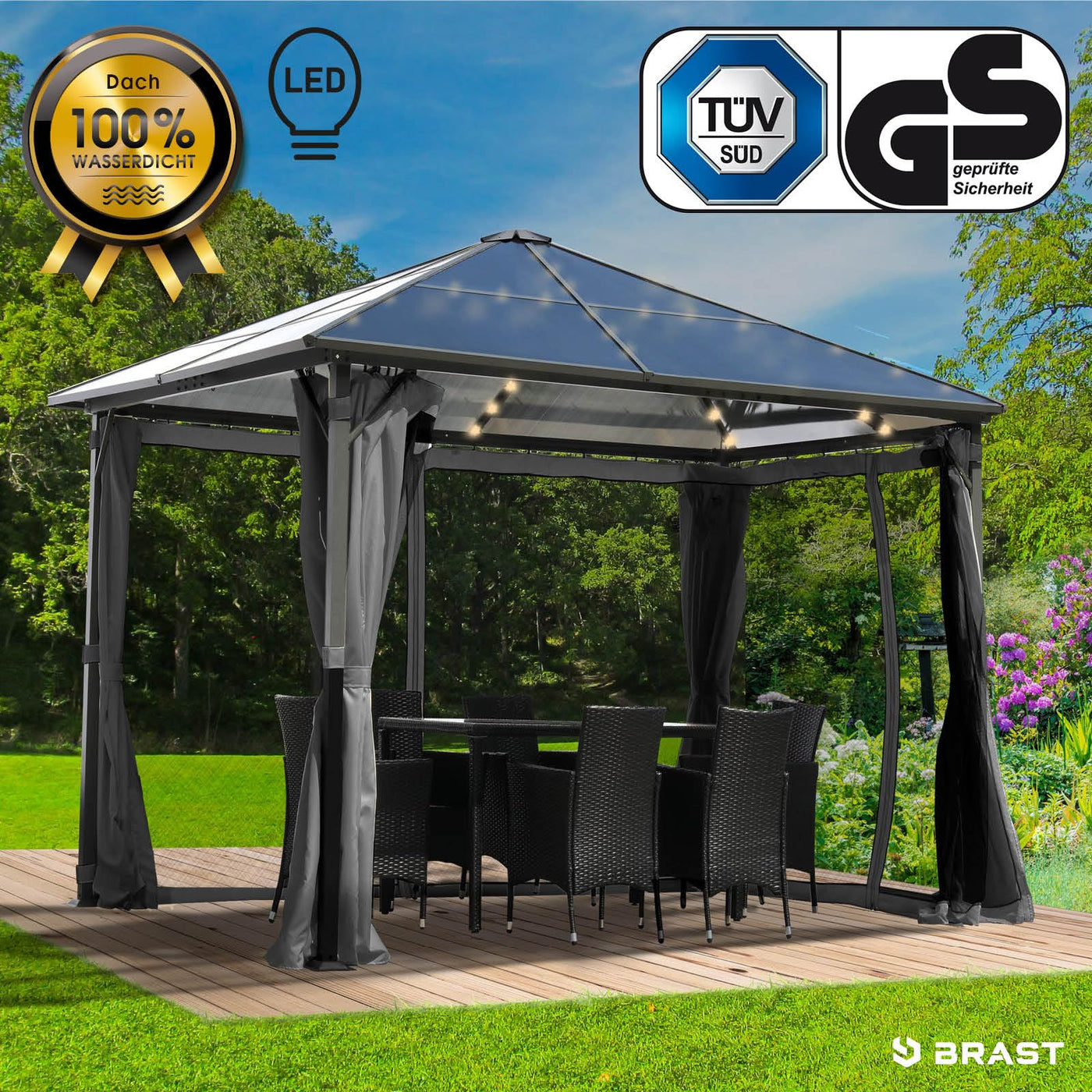 BRAST® Alu Pavillon Summerdream | viele Modelle & Farben | Größen 3x3m 3x4m | Moskitonetz + LEDs | TÜV geprüft | wasserdicht | UV-Schutz | festes Dach | 3x3m Grau LEDs