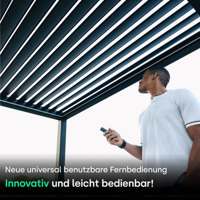 PERGOLUX – Sundream S2 elektrische Pergola – Garten Pavillon mit LED-Beleuchtung & elektrisch verstellbarem Lamellendach (Anthrazit Pergola mit Weißem Lamellendach, 3x5m Freistehend)