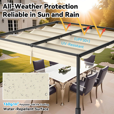 UISEBRT 3x3 m Pergola Pavillon mit stabilem Stahlgestell und hochwertigem Schiebedach aus PA-beschichtetem Polyester, freistehende Terrassenüberdachung, ideal für Outdoor (Beige)