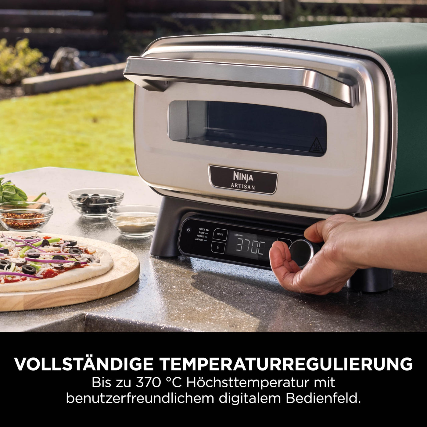 Ninja Artisan Outdoor-Pizzaofen und Heißluftfritteuse, 4 Funktionen, Servierbrett, Pizza-Wiegemesser, 30-cm-Pizzastein, Pizzaschale, Backblech und Heißluft-Fritteusen-Korb, Grün MO201AMZEU