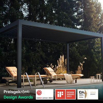 PERGOLUX – Sundream S2 elektrische Pergola – Garten Pavillon mit LED-Beleuchtung & elektrisch verstellbarem Lamellendach (Anthrazit Pergola mit Weißem Lamellendach, 3x5m Freistehend)