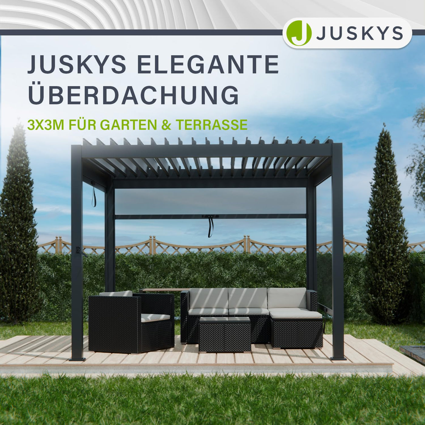 Juskys Lamellendach Tahiti 3x3 m - Stahl Pergola - Terrassenüberdachung stabil & wetterfest - Überdachung für Garten & Terrasse - Bausatz Anthrazit