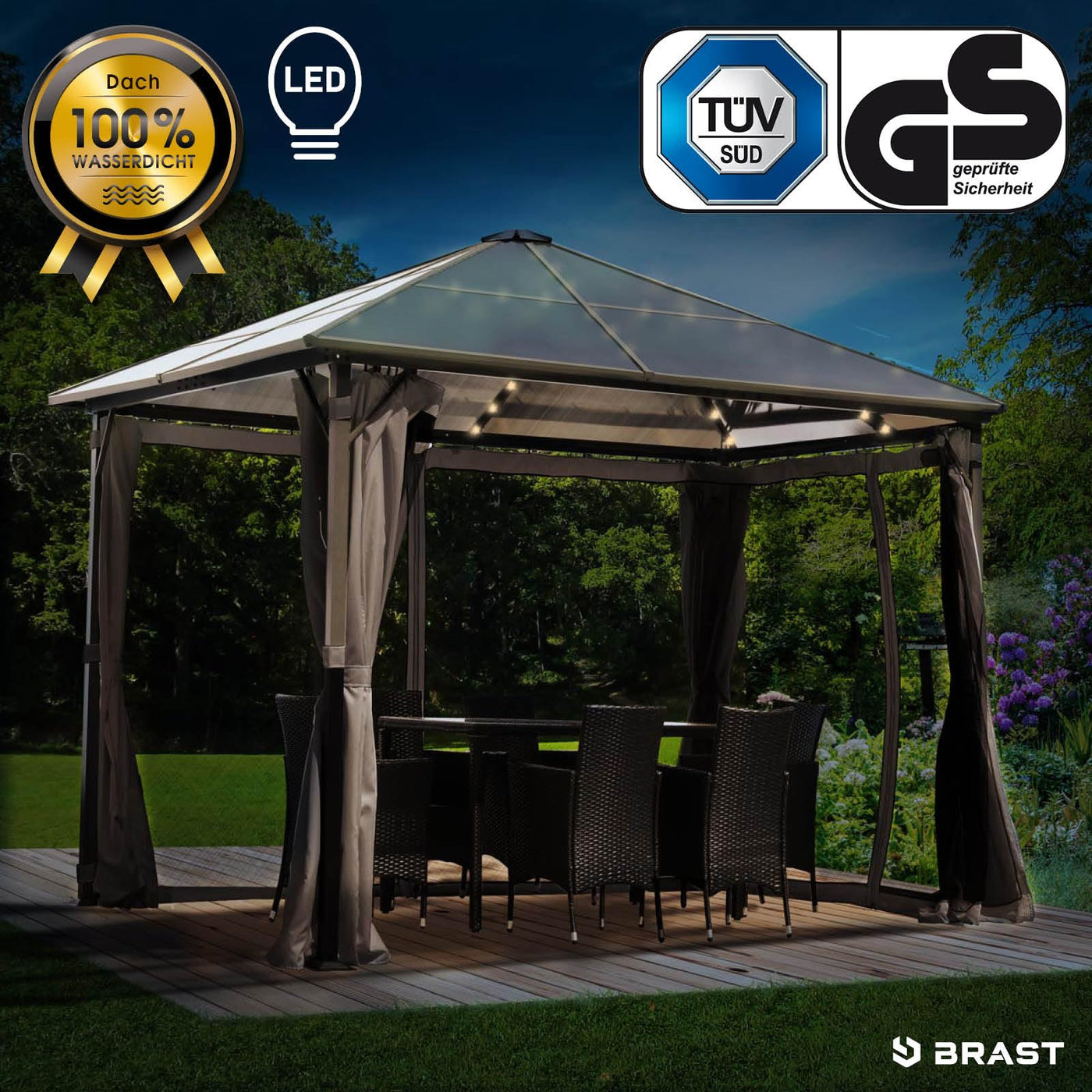BRAST® Alu Pavillon Summerdream | viele Modelle & Farben | Größen 3x3m 3x4m | Moskitonetz + LEDs | TÜV geprüft | wasserdicht | UV-Schutz | festes Dach | 3x3m Grau LEDs