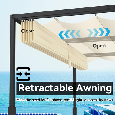 UISEBRT 3x3 m Pergola Pavillon mit stabilem Stahlgestell und hochwertigem Schiebedach aus PA-beschichtetem Polyester, freistehende Terrassenüberdachung, ideal für Outdoor (Beige)