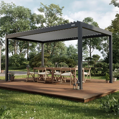PERGOLUX – Sundream S2 elektrische Pergola – Garten Pavillon mit LED-Beleuchtung & elektrisch verstellbarem Lamellendach (Anthrazit Pergola mit Weißem Lamellendach, 3x5m Freistehend)