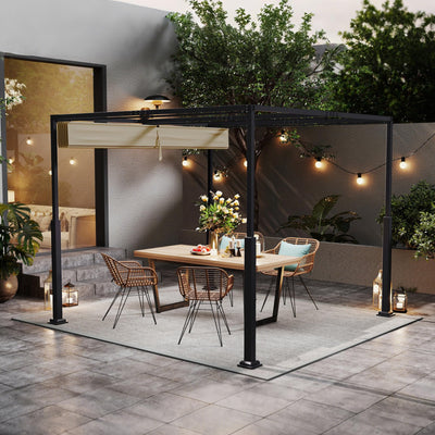 UISEBRT 3x3 m Pergola Pavillon mit stabilem Stahlgestell und hochwertigem Schiebedach aus PA-beschichtetem Polyester, freistehende Terrassenüberdachung, ideal für Outdoor (Beige)