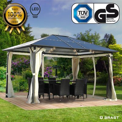 BRAST® Alu Pavillon Summerdream | viele Modelle & Farben | Größen 3x3m 3x4m | Moskitonetz + LEDs | TÜV geprüft | wasserdicht | UV-Schutz | festes Dach | 3x4m Beige LEDs