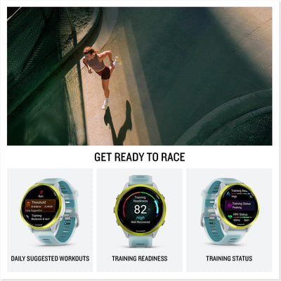 Garmin® Forerunner® 570, 47mm, Advanced GPS Running and Triathlon Smartwatch, AMOLED Display, Training and Recovery Features, Amp Yellow Aluminum with Translucent Whitestone/Turquoise Band
