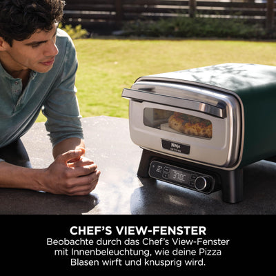 Ninja Artisan Outdoor-Pizzaofen und Heißluftfritteuse, 4 Funktionen, Servierbrett, Pizza-Wiegemesser, 30-cm-Pizzastein, Pizzaschale, Backblech und Heißluft-Fritteusen-Korb, Grün MO201AMZEU