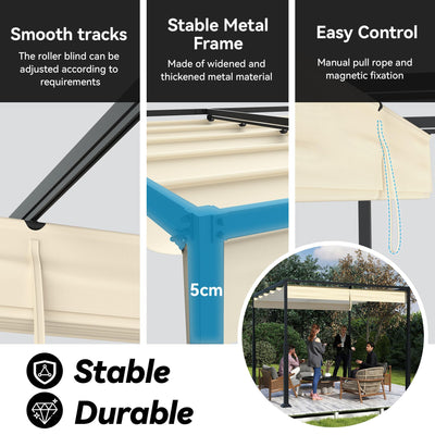 UISEBRT 3x3 m Pergola Pavillon mit stabilem Stahlgestell und hochwertigem Schiebedach aus PA-beschichtetem Polyester, freistehende Terrassenüberdachung, ideal für Outdoor (Beige)